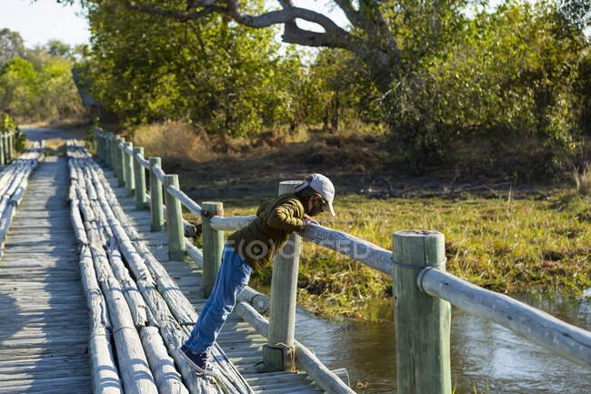 A boy walking across a wooden bridge over marshland alone — Stock Photo