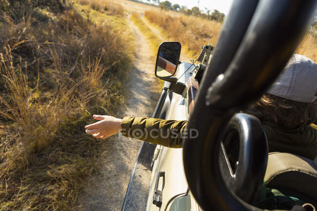 Mano de niño extendiéndose desde un vehículo de safari - foto de stock