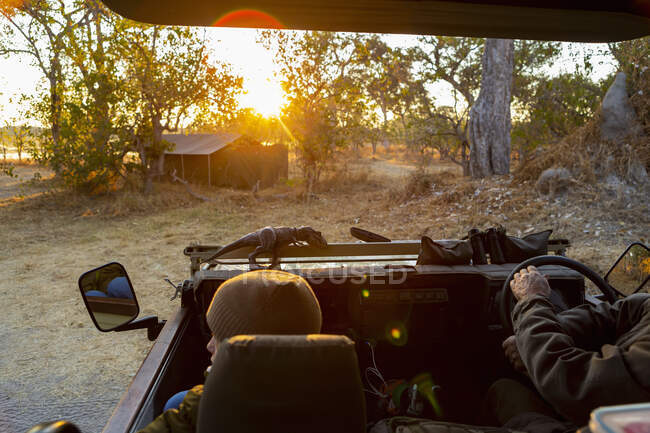 Un jeep safari, vista del camino de tierra por delante al amanecer, destello de lente - foto de stock