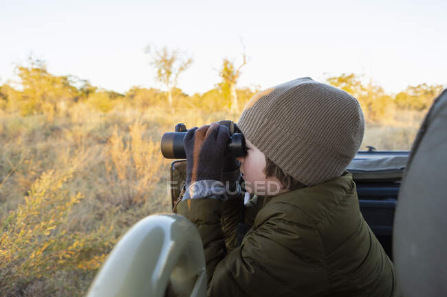 Young boy in a jeep using binoculars, a dawn drive through the bush. — Stock Photo