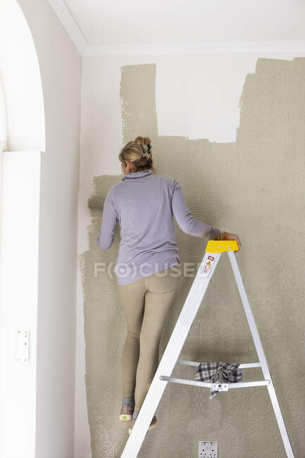 Una mujer en una escalera usando un rodillo de pintura, decorando una habitación - foto de stock