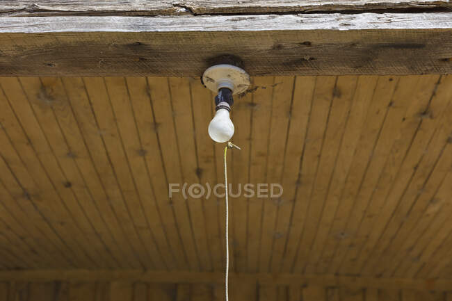Old incandescent light bulb on a porch beam with a string pull control — Foto stock