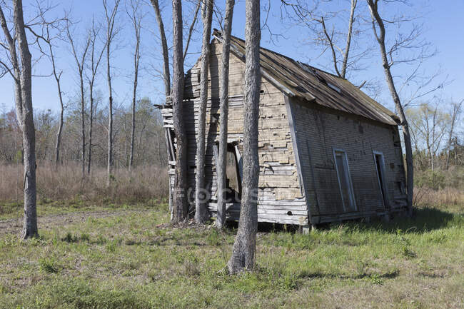 Abandoned homestead, a small log cabin, a building leaning to the side. — Stock Photo