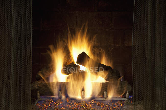 A domestic fireplace, hearth, fire lit, logs and flames. - foto de stock
