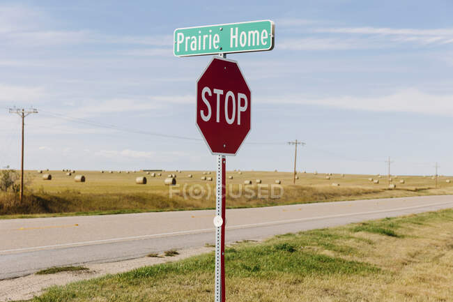 Prairie Home sign and stop sign at the side of a road. — Fotografia de Stock