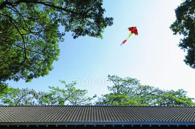 Colorful kite flying over traditional Chinese roof. — Stockfoto