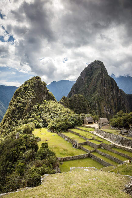 Machu Picchu, la citadelle inca haute des Andes, au-dessus de la Vallée Sacrée, plateau avec bâtiments et terrasses. — Photo de stock