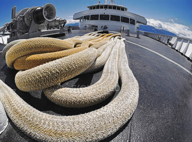 Large and thick cables, ropes on a deck of passenger ferry. — Stock Photo