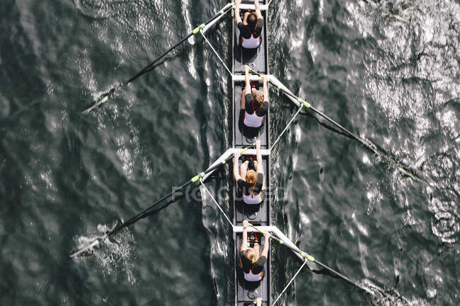 Overhead view of female crew racers rowing in an octuple racing shell, an eights team. — Stock Photo