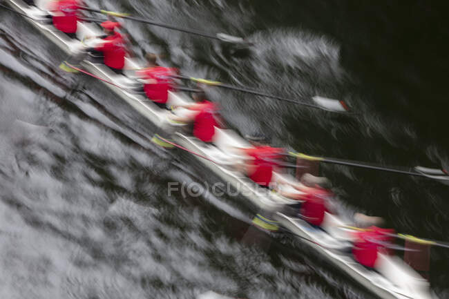 Visão aérea de uma tripulação remando em um barco de corrida octupla shell, remadores, borrão de movimento. — Fotografia de Stock