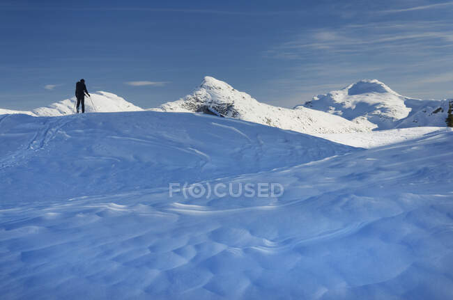 Esquiador en la nieve, esquí de fondo, en la nieve profunda. - foto de stock