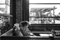 Маленька дівчинка сидить у кафе — стокове фото