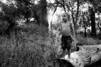 Мальчик гуляет по лесу — стоковое фото