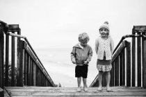 Niños de pie en escaleras de madera - foto de stock