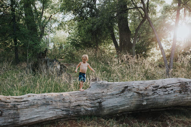 Boy walking alone in forest — Stock Photo