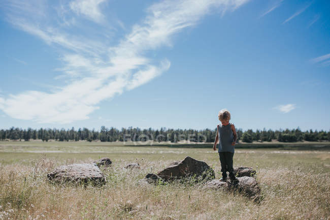 Маленький хлопчик ходить по полю — стокове фото