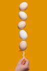Huevos equilibrados sobre plumas - foto de stock