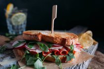 Sanduíche com presunto, rabanete e rúcula — Fotografia de Stock