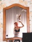 Portrait of pink haired woman with owl — Stock Photo
