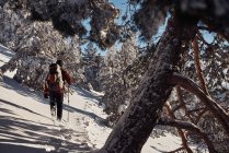 Homme randonnée dans les montagnes enneigées — Photo de stock