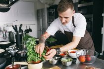 Student in apron cutting basil leaves — Stock Photo