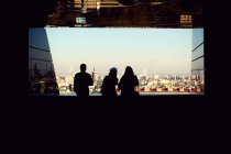 Silhouettes at window with cityscape — Stock Photo