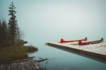 Човни на пірсі у великому тумані — стокове фото