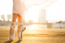 Nahaufnahme einer unkenntlichen Ballerina, die in Ballettschuhen und bei Sonnenaufgang tanzt. — Stockfoto