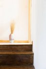 Белая полосатая ваза с сухой травой на деревянной лестнице напротив окна — стоковое фото