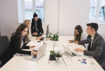 Група молодих колег, що працюють в офісі з ноутбуками . — стокове фото