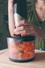 Female hands chopping fresh carrot in kitchen blander — Stock Photo