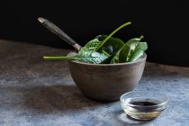 Épinards frais sur vaisselle rustique en béton — Photo de stock
