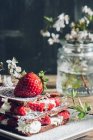 Still life of homemade strawberry tart and blooming twigs — Stock Photo