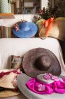 Beautiful female hats on sofa — Stock Photo