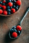 Blueberries and raspberries on grunge — Stock Photo