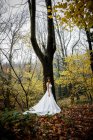 Young beautiful bride in wedding dress in autumn forest — Stock Photo