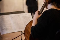 Crop femenino tocando el violín en concierto - foto de stock