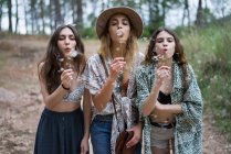 Три дівчини, що дме кульбаби — стокове фото