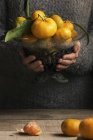 Mulher escolhendo uma tigela de frutas com tangerinas — Fotografia de Stock
