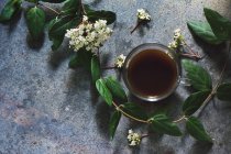 Tasse Kaffee mit Blättern und Blüten — Stockfoto