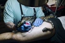 Maestro haciendo tatuaje mientras serpiente arrastrándose en la pierna - foto de stock