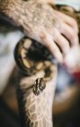 Serpiente arrastrándose a lo largo de mano tatuada - foto de stock