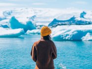 Дівчина стоїть проти льодовиків — стокове фото