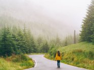 Menina caminhando estrada floresta — Fotografia de Stock