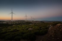 Fila de moinhos de vento ao pôr-do-sol — Fotografia de Stock