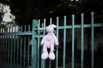 Розовый плюшевый кролик висит на металлическом заборе с садом на заднем плане . — стоковое фото