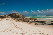 Пейзаж тропічного прибережного пляжу з серфінгом океанічних хвиль на фоні . — стокове фото