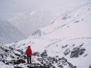 Persona anonima che ammira montagne innevate nel giorno nebbioso — Foto stock