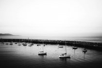 Вид с воздуха на плавучую яхту в порту в светлый день — стоковое фото
