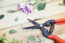 Садові ножиці на дерев'яному столі зі свіжими порізаними квітами та листям — стокове фото